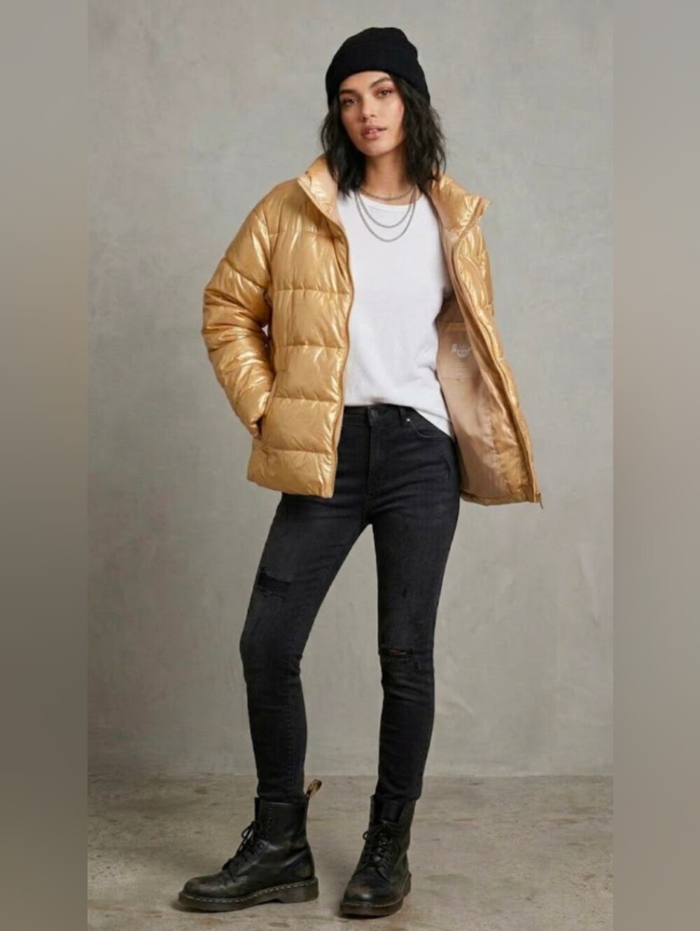 Time and Tru Gold Metallic Puffer Jacket Full Zip Size XL